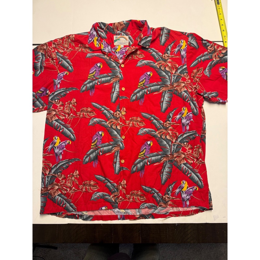 Paradise Found Mens XL Hawaiian Shirt Red Parrot Palm Leaf Cotton Made in Hawaii